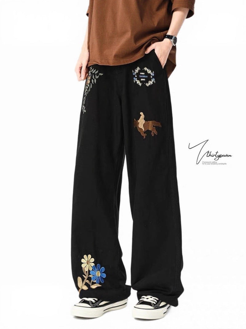 Unisex White Embroidered Loose Street Jeans
