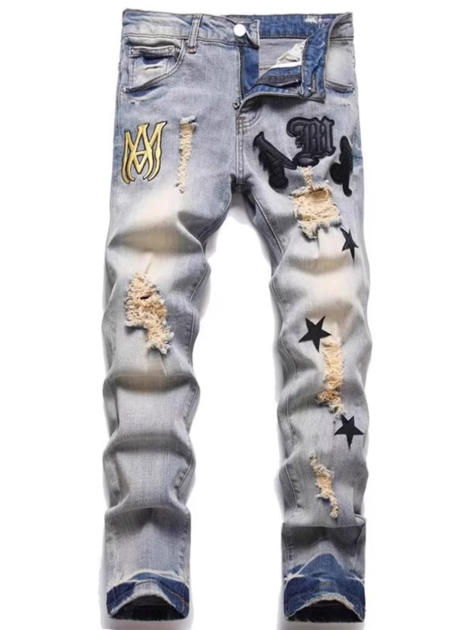 Star Patch Ripped Slim Straight Men's Jeans Pants