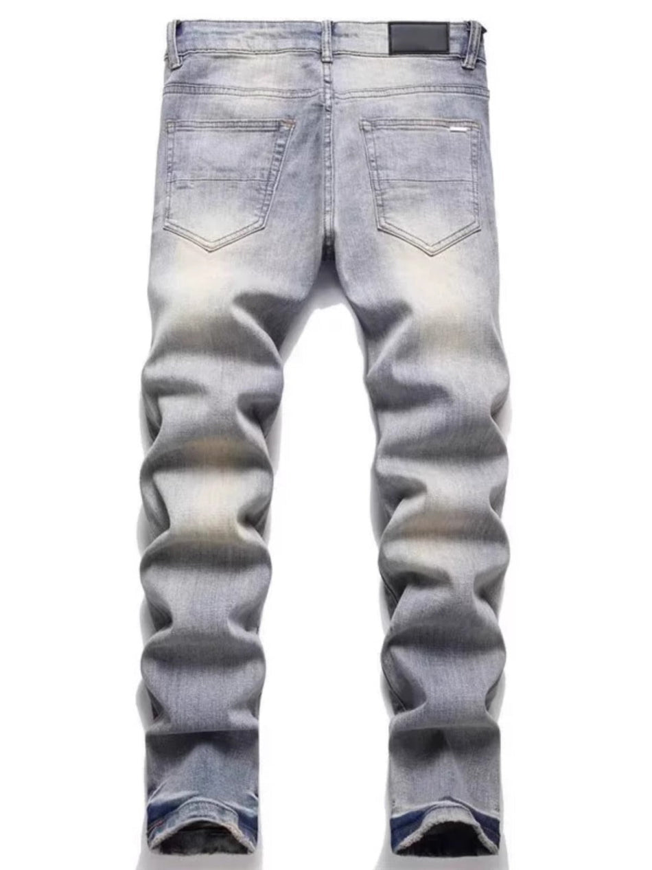 Star Patch Ripped Slim Straight Men's Jeans Pants