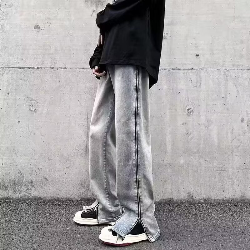 Side Zipper Slim Straight Men’s High Street Jeans