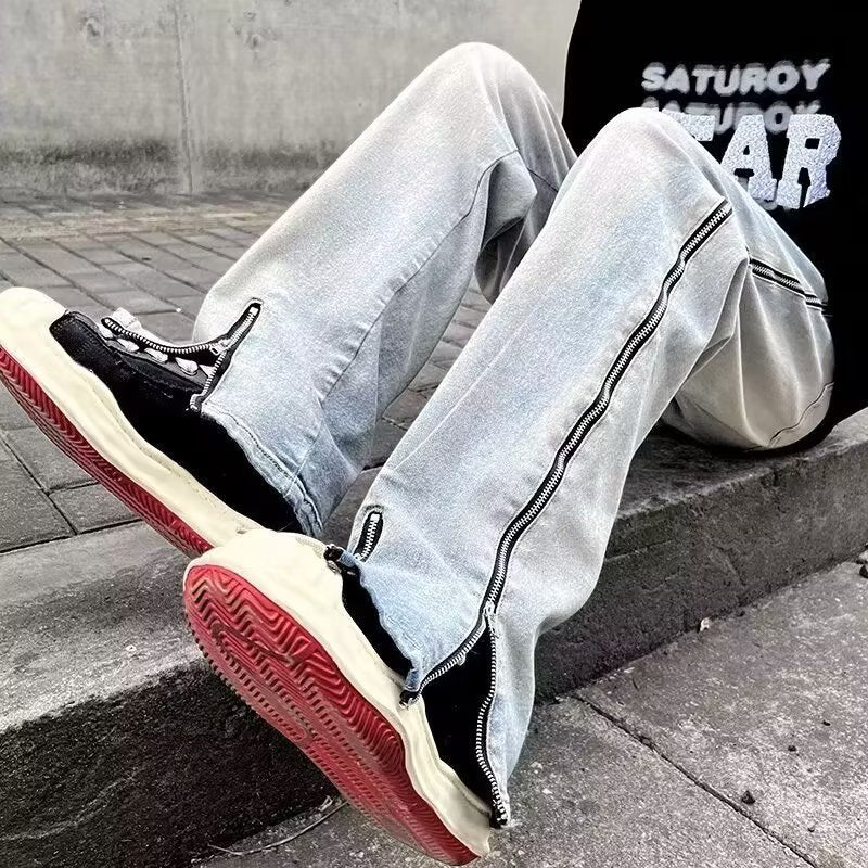 Side Zipper Slim Straight Men’s High Street Jeans