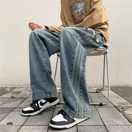 Retro Side Stripe Wide-Leg Elastic Waist Men’s Jeans