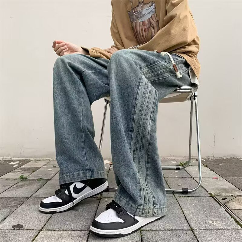 Retro Side Stripe Wide-Leg Elastic Waist Men’s Jeans