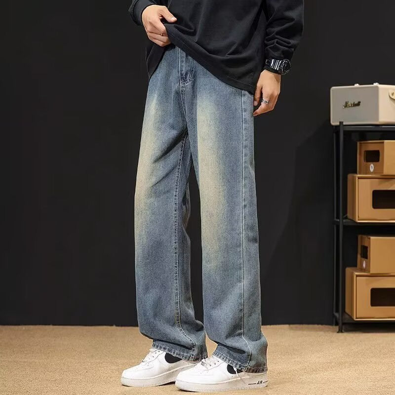 Washed Wide-Leg Distressed Men’s Casual Jeans Pants