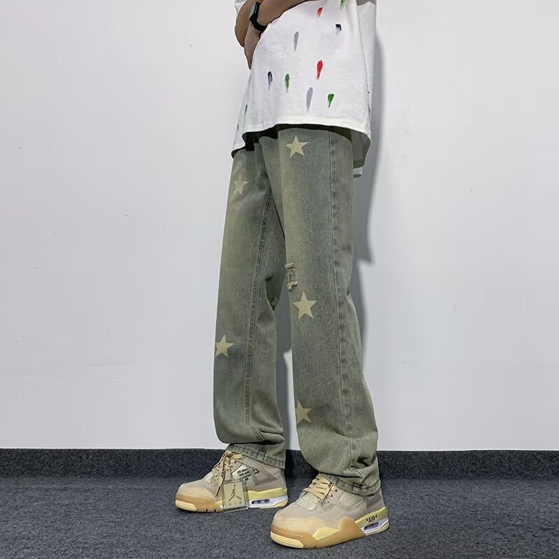 Star Design Loose Straight Hip-Hop Men’s Jeans Pants