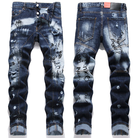 Retro Punk Blue Ripped Slim Stretch Men’s Jeans