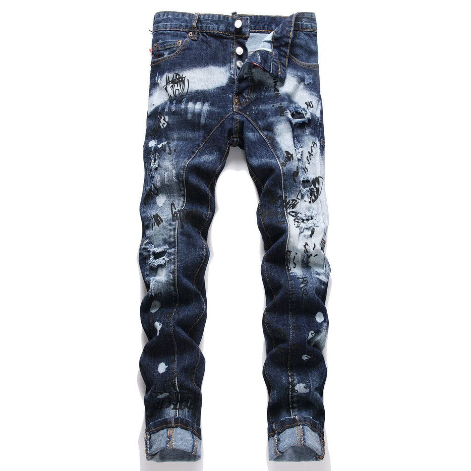 Retro Punk Blue Ripped Slim Stretch Men’s Jeans