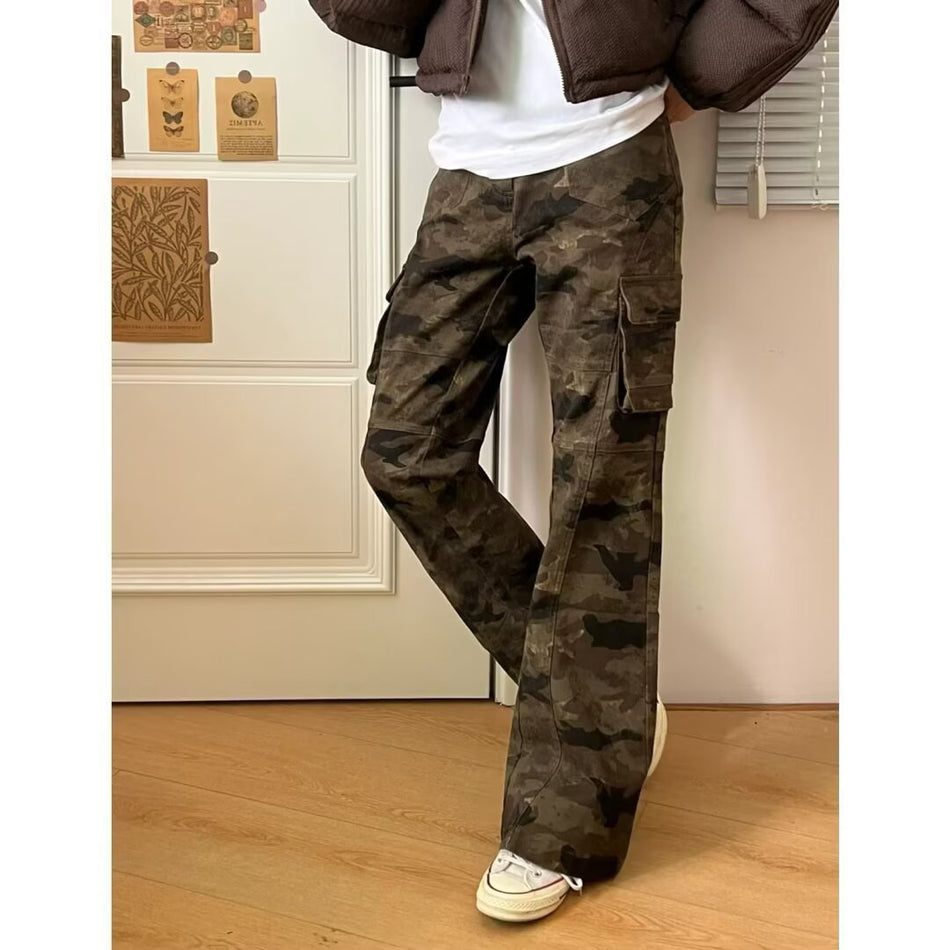 Retro Camouflage Cargo Unisex Wide-Leg Jeans Pants