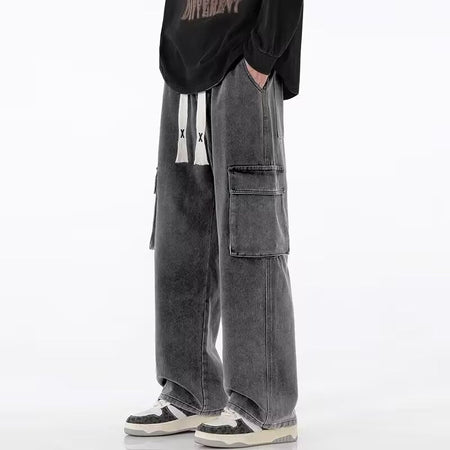 Black Cargo Elastic Waist Men’s Loose Casual Jeans