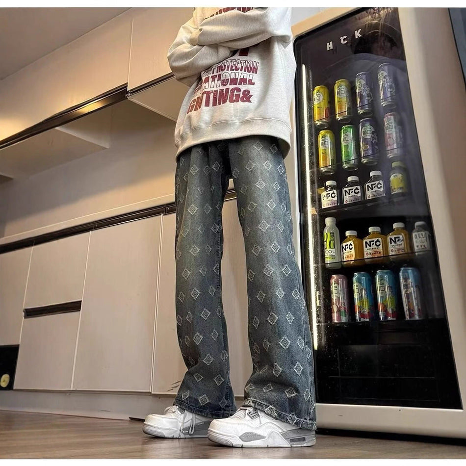Jacquard Washed Wide-Leg Flared Men’s Street Jeans
