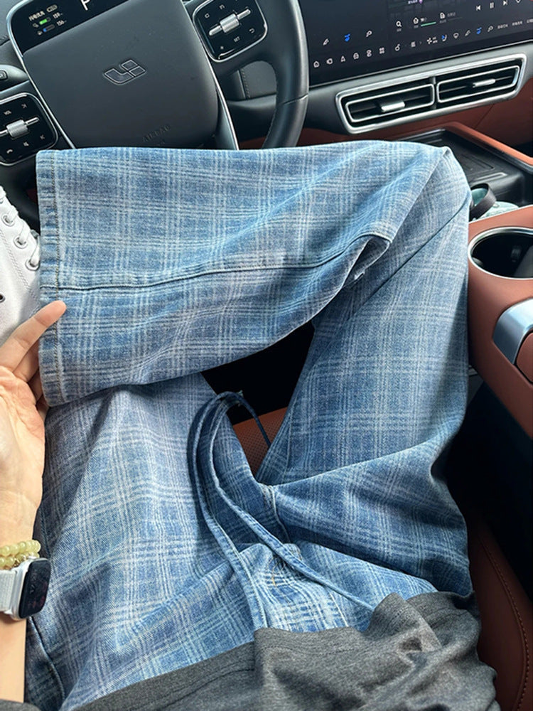 Retro Plaid Loose Straight Men’s Casual Jeans Pants