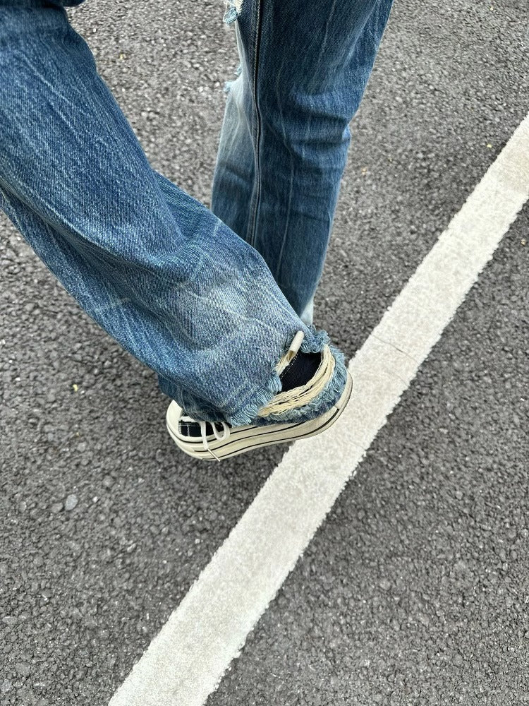 Men’s Vintage Washed Ripped Wide-Leg Jeans