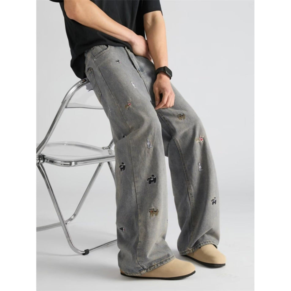 Men’s Cartoon Puppy Embroidered Wide-Leg Jeans