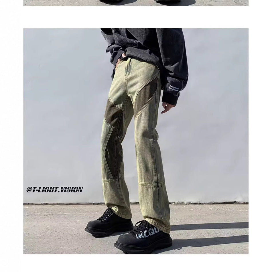 Men’s Color-Blocked Loose Straight Retro Jeans