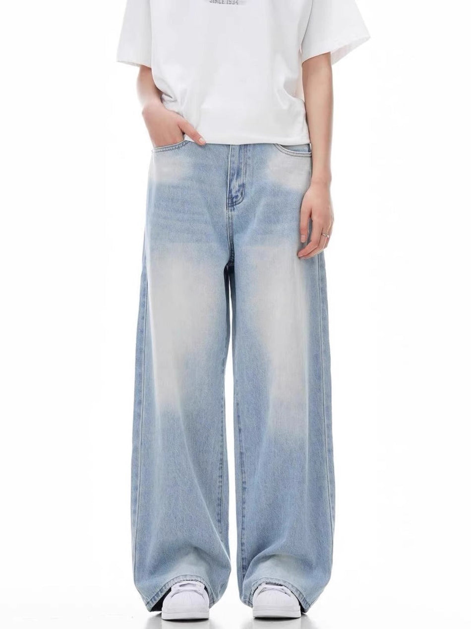 Men’s Light Blue Loose Wide-Leg Retro Jeans