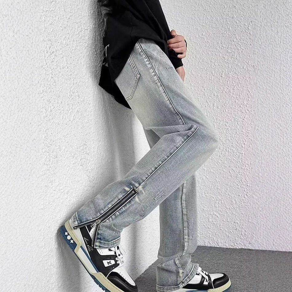 Men’s Yellow Mud Washed Zipper Retro Jeans