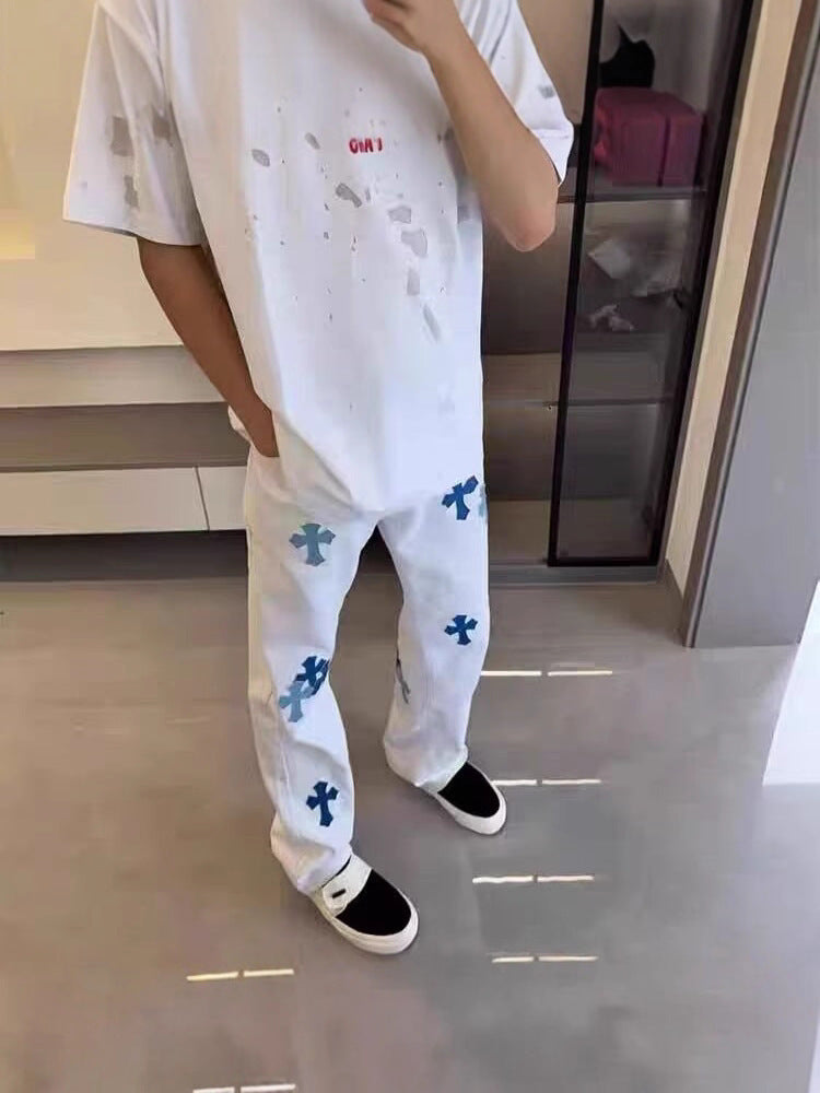 Men’s White Distressed Cross Retro Jeans
