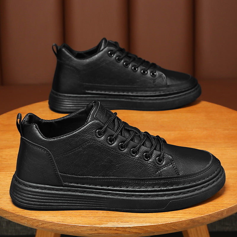 Men’s Korean Style Black Leather Casual Sneakers 2025