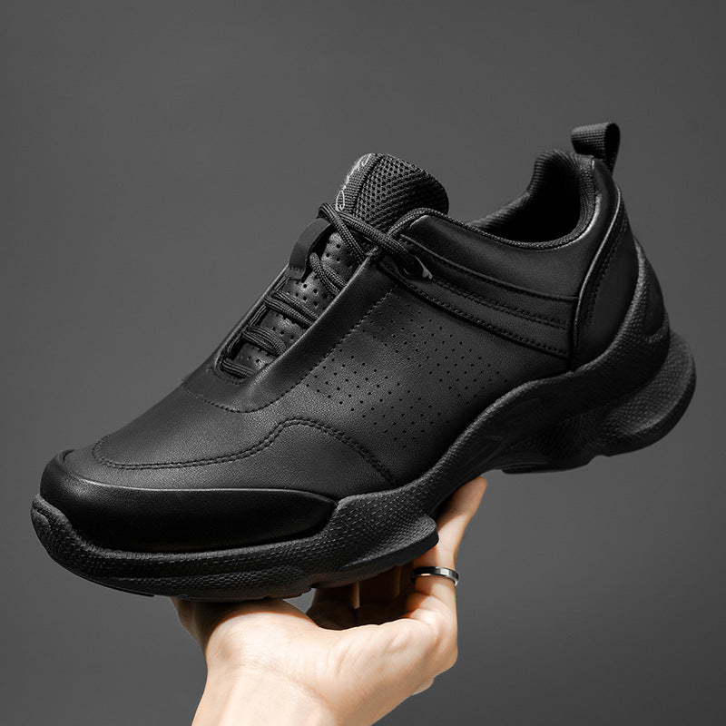 2025 Light Luxury Black Leather Thick Sole Men Sneakers