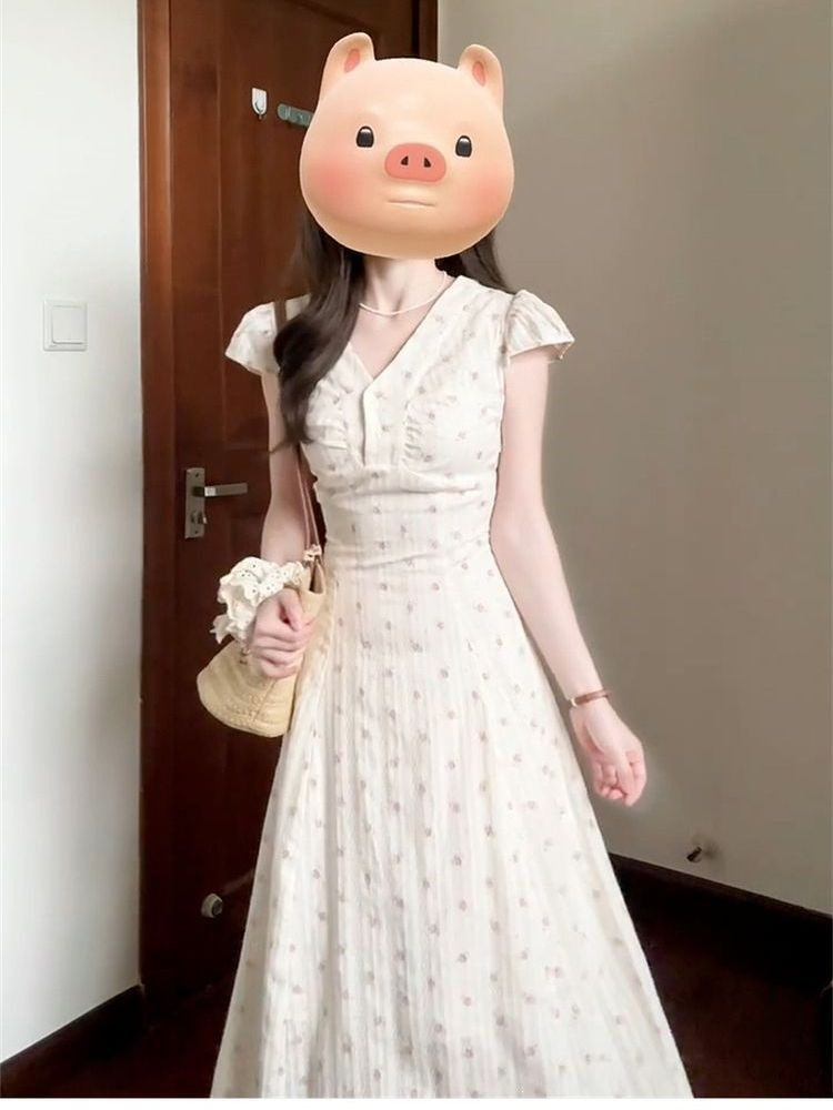 Picture color dress french floral v-neck a-line long summer dress women