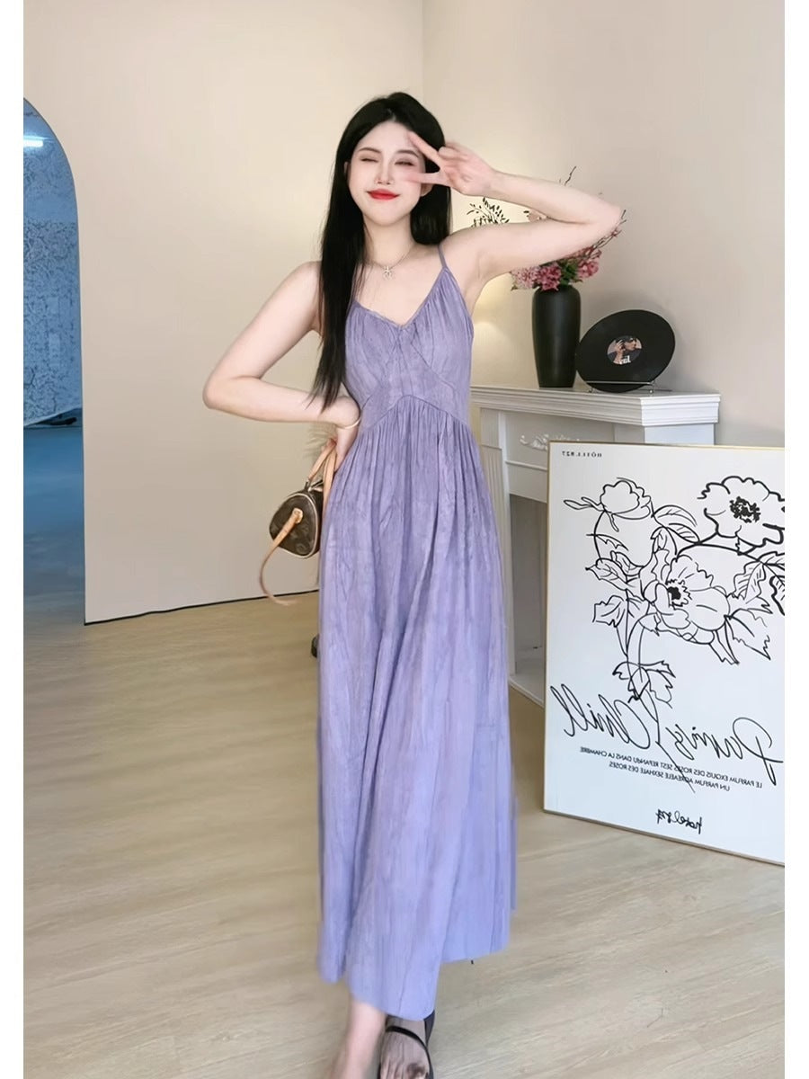 Purple beach skirt purple suspender beach dress women summer vacation style