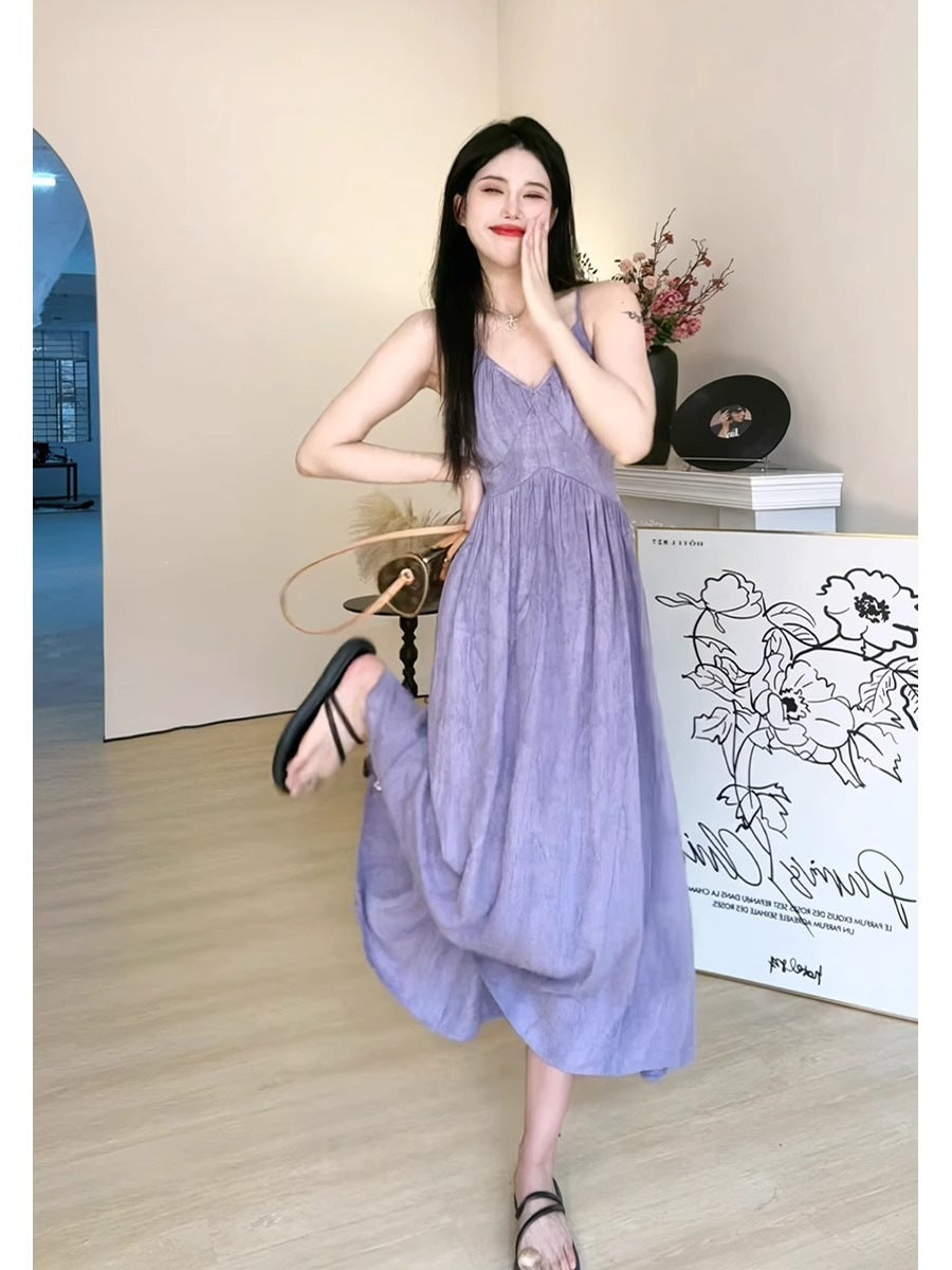Purple Suspender Beach Dress Women Summer Vacation Style