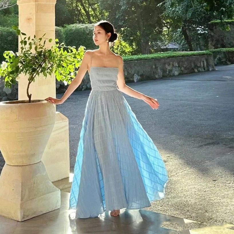 Blue backless resort spaghetti strap long dress women