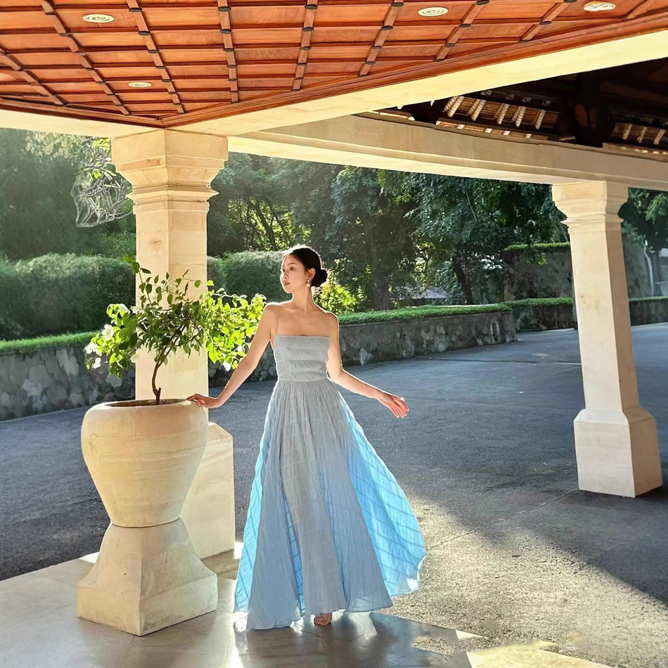 Blue Backless Resort Spaghetti Strap Long Dress Women