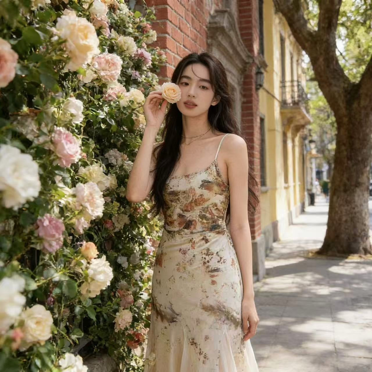 Floral fishtail suspender long dress women summer style