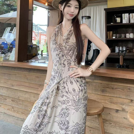 2026 floral halter neck resort long dress women summer