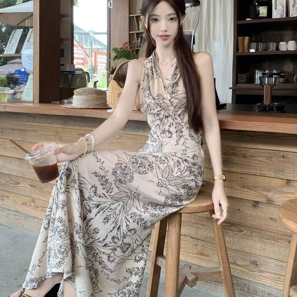 2026 Floral Halter Neck Resort Long Dress Women Summer