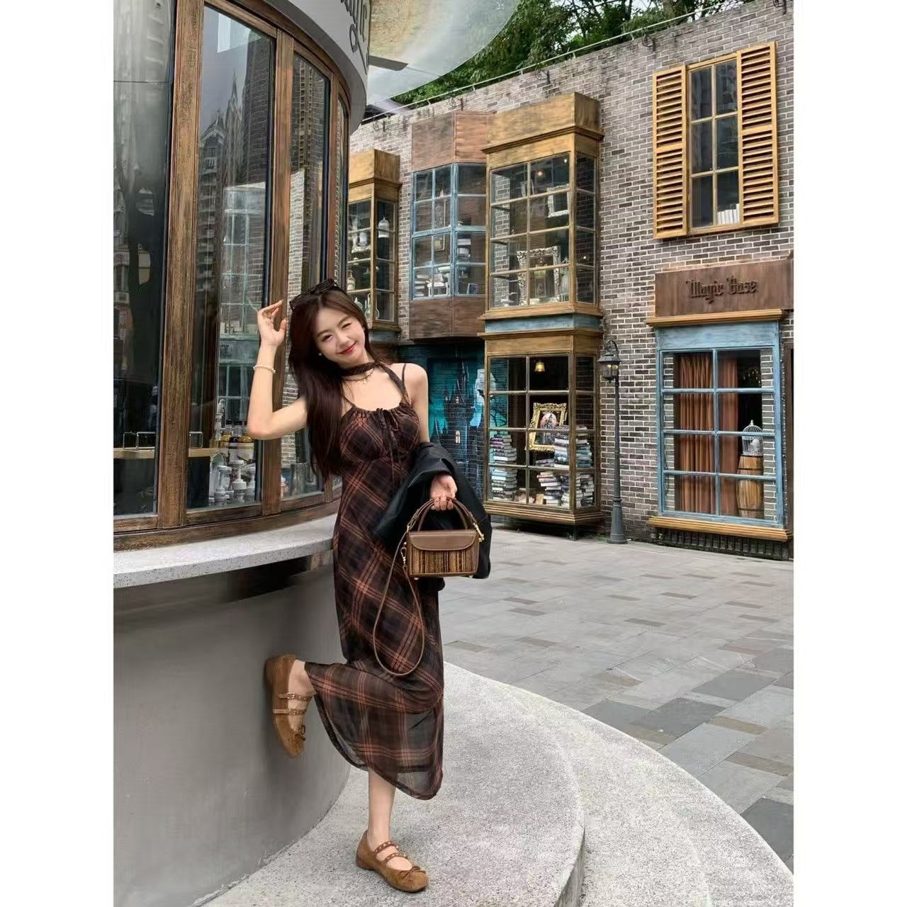 Plaid v-neck suspender slim fit long dress women summer