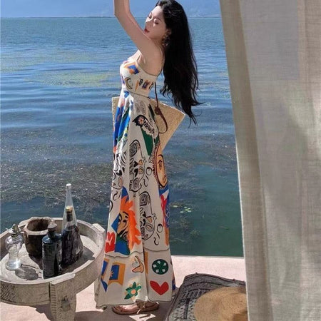 2026 retro oil painting suspender long dress women