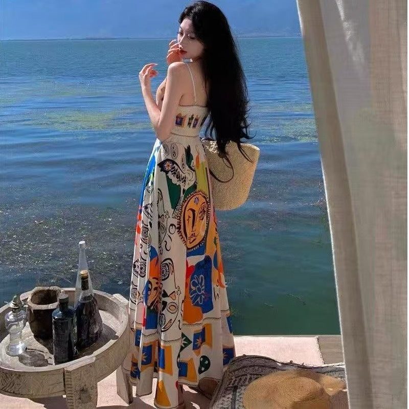 2026 Retro Oil Painting Suspender Long Dress Women