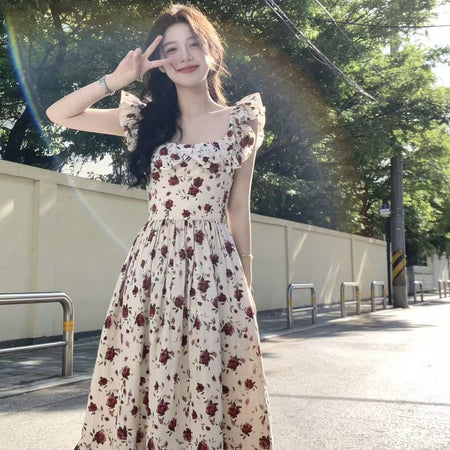 2026 french floral square neck flutter sleeve dress
