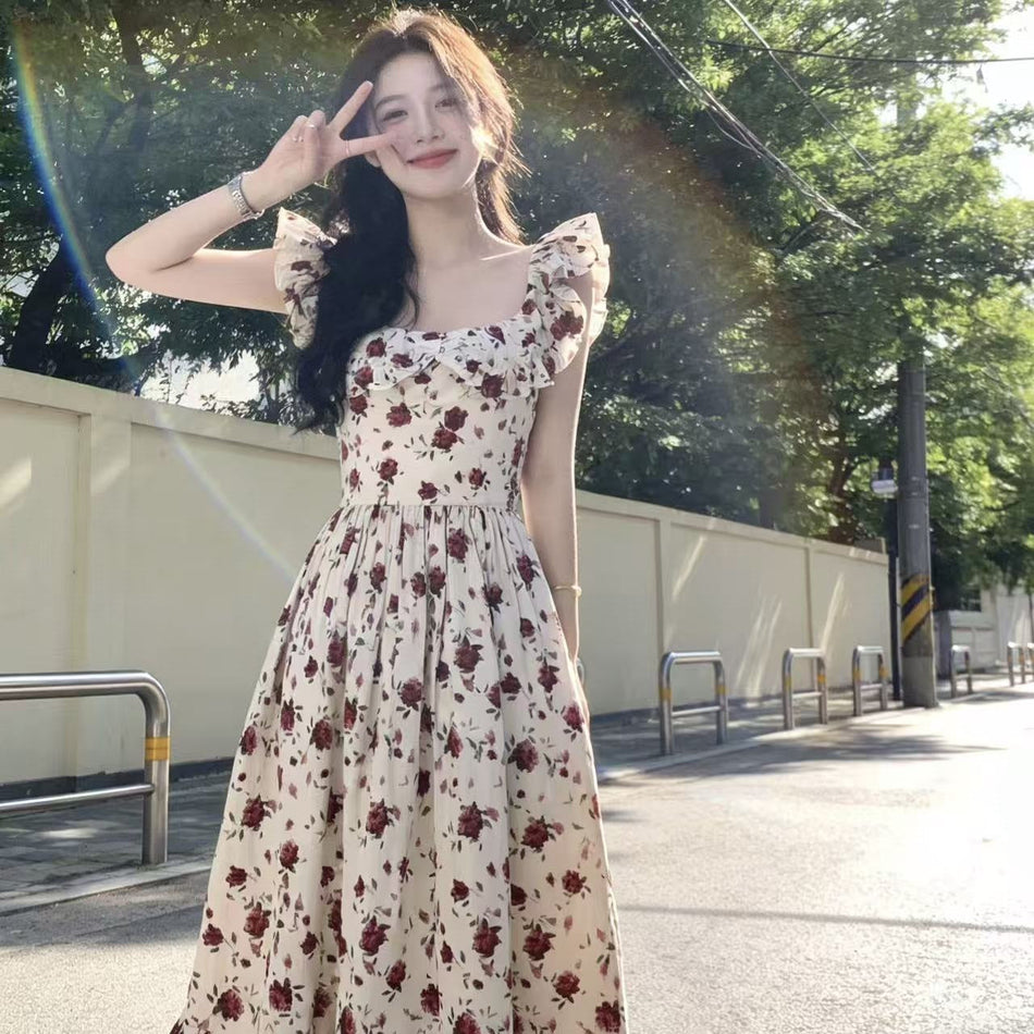 2026 french floral square neck flutter sleeve dress