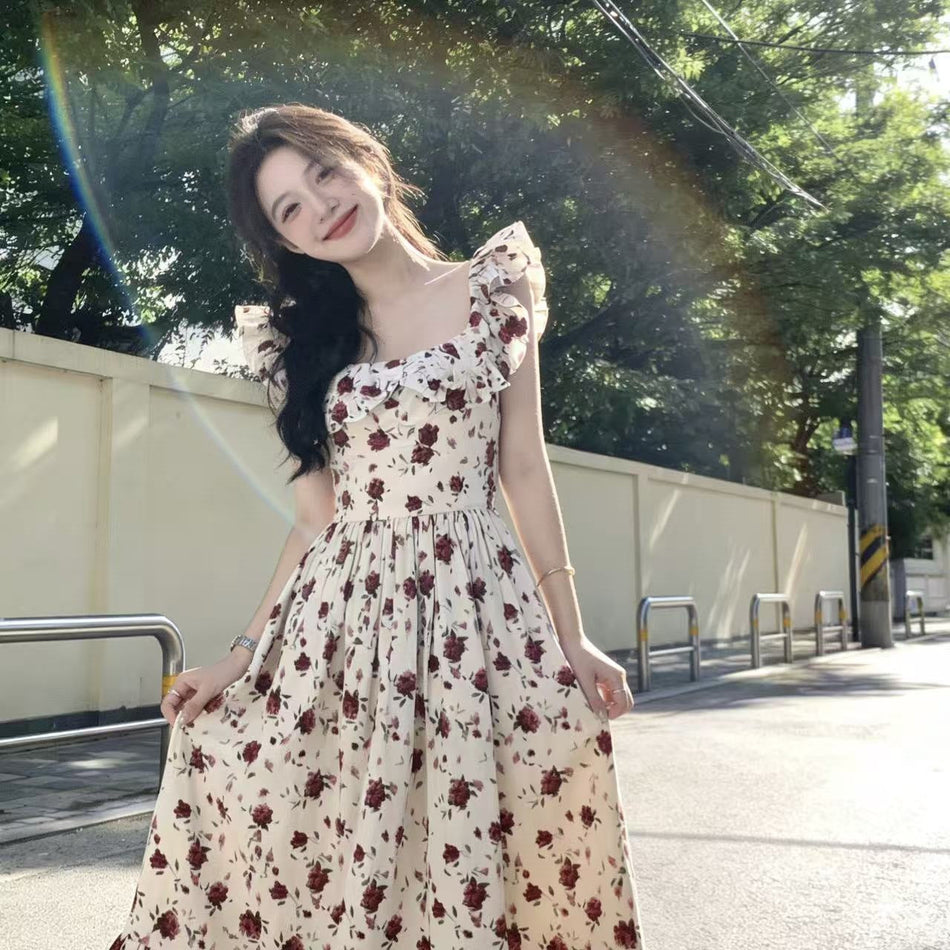 2026 French Floral Square Neck Flutter Sleeve Dress