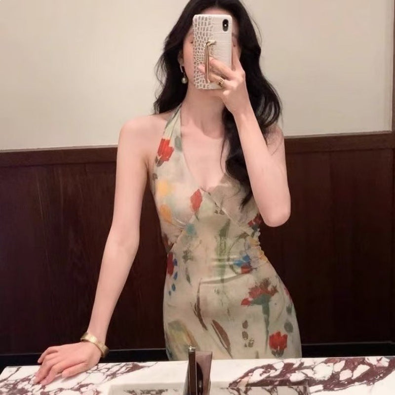 2026 Retro Floral Halter Mesh Long Dress Women Summer