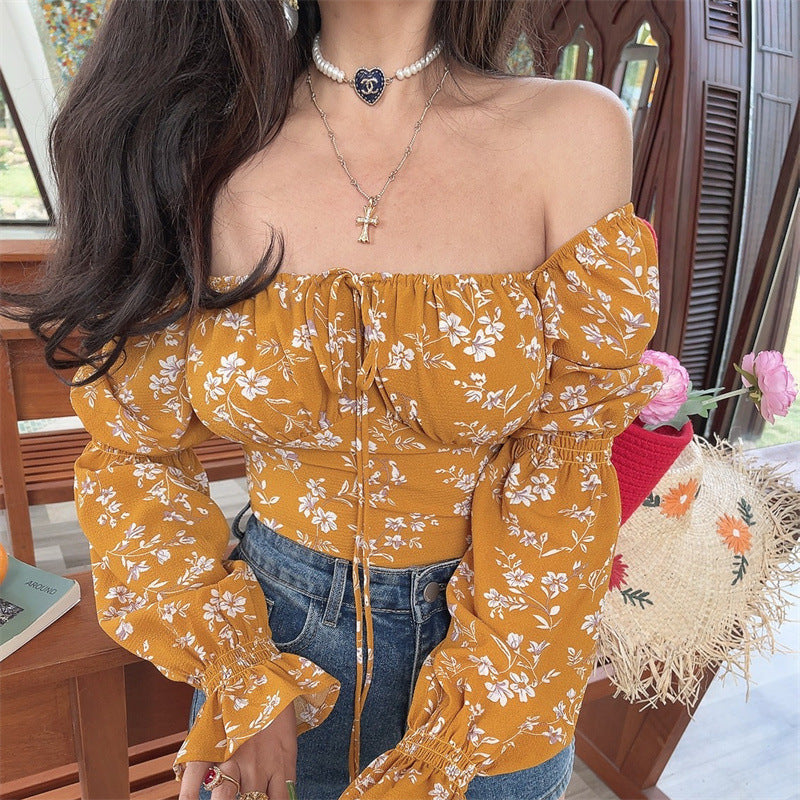 2026 french square neck floral lantern sleeve blouse