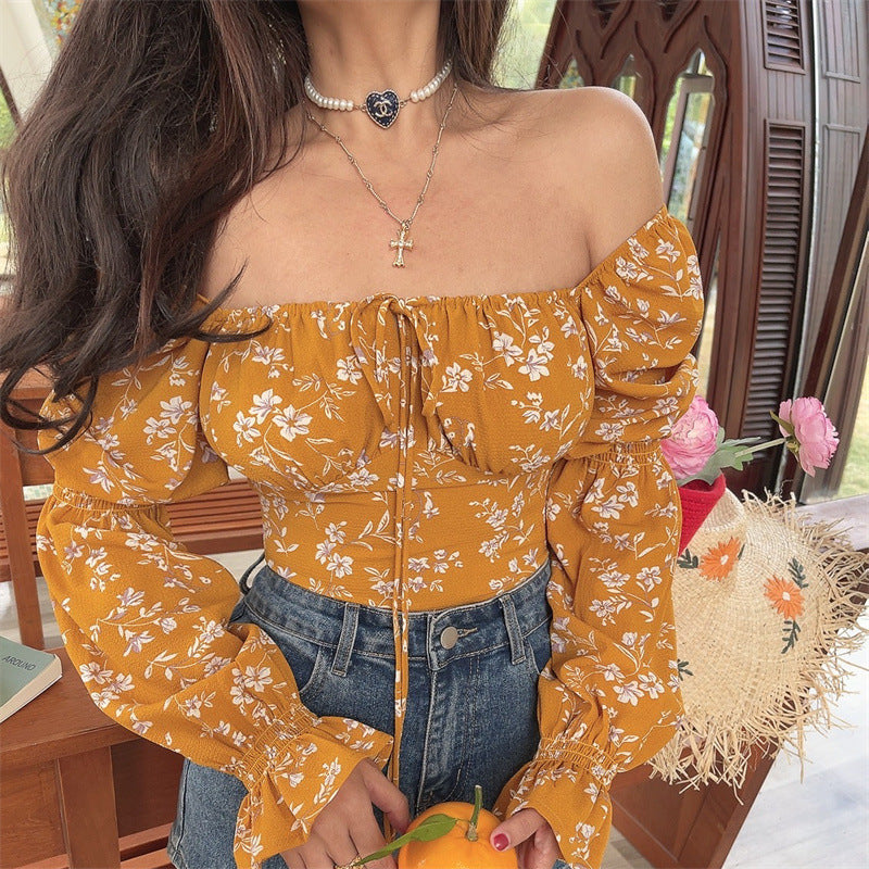 2026 French Square Neck Floral Lantern Sleeve Blouse
