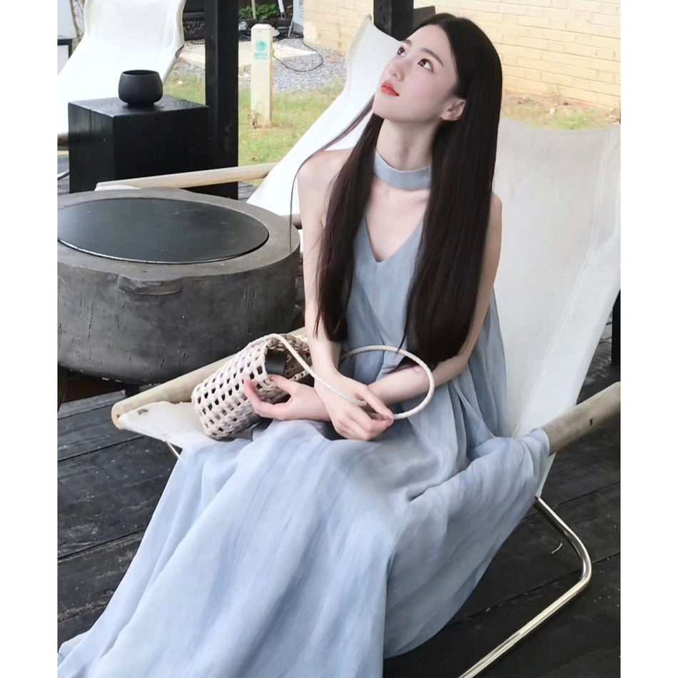 2026 Blue French Spaghetti Strap V-Neck Long Dress Women