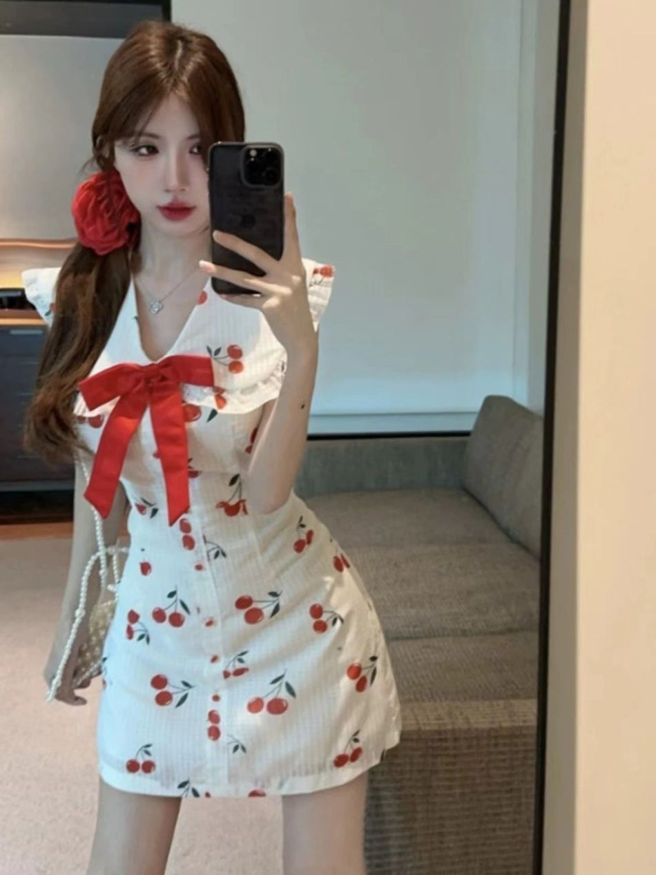 2026 Korean Cherry Print Lapel Slim Dress Women Summer