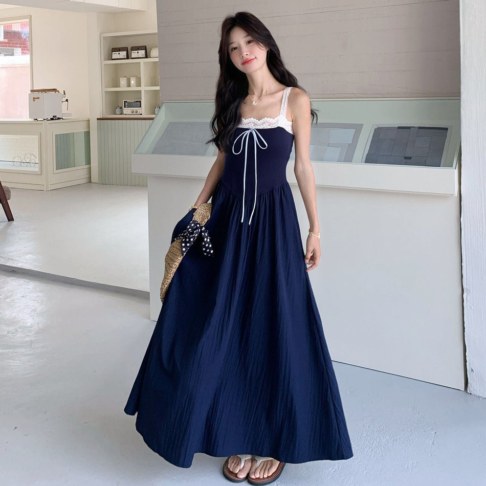 Navy Blue Hepburn Flared Strap Long Dress Women Summer