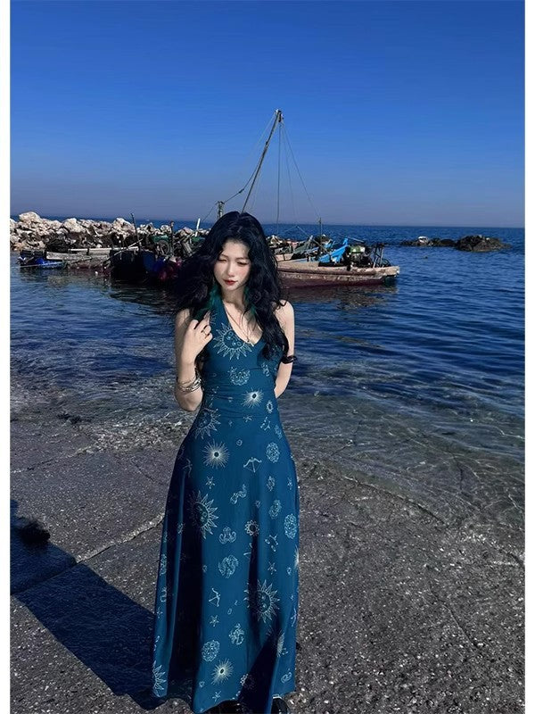 2026 Blue French Halter V-Neck Resort Long Dress Women