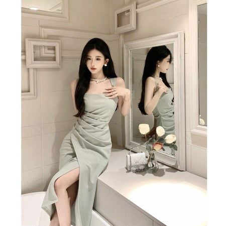 French satin square neck halter long dress women summer