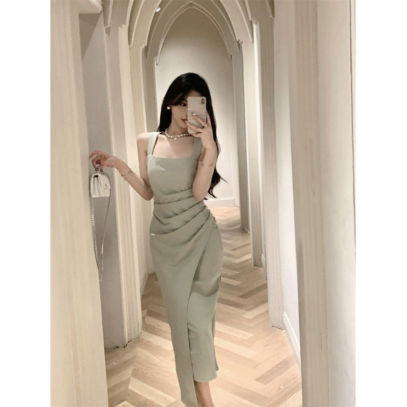 French Satin Square Neck Halter Long Dress Women Summer