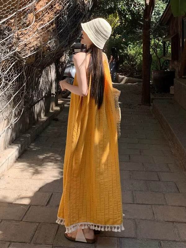 2026 Yellow Tassel Beach Suspender A-Line Dress Women