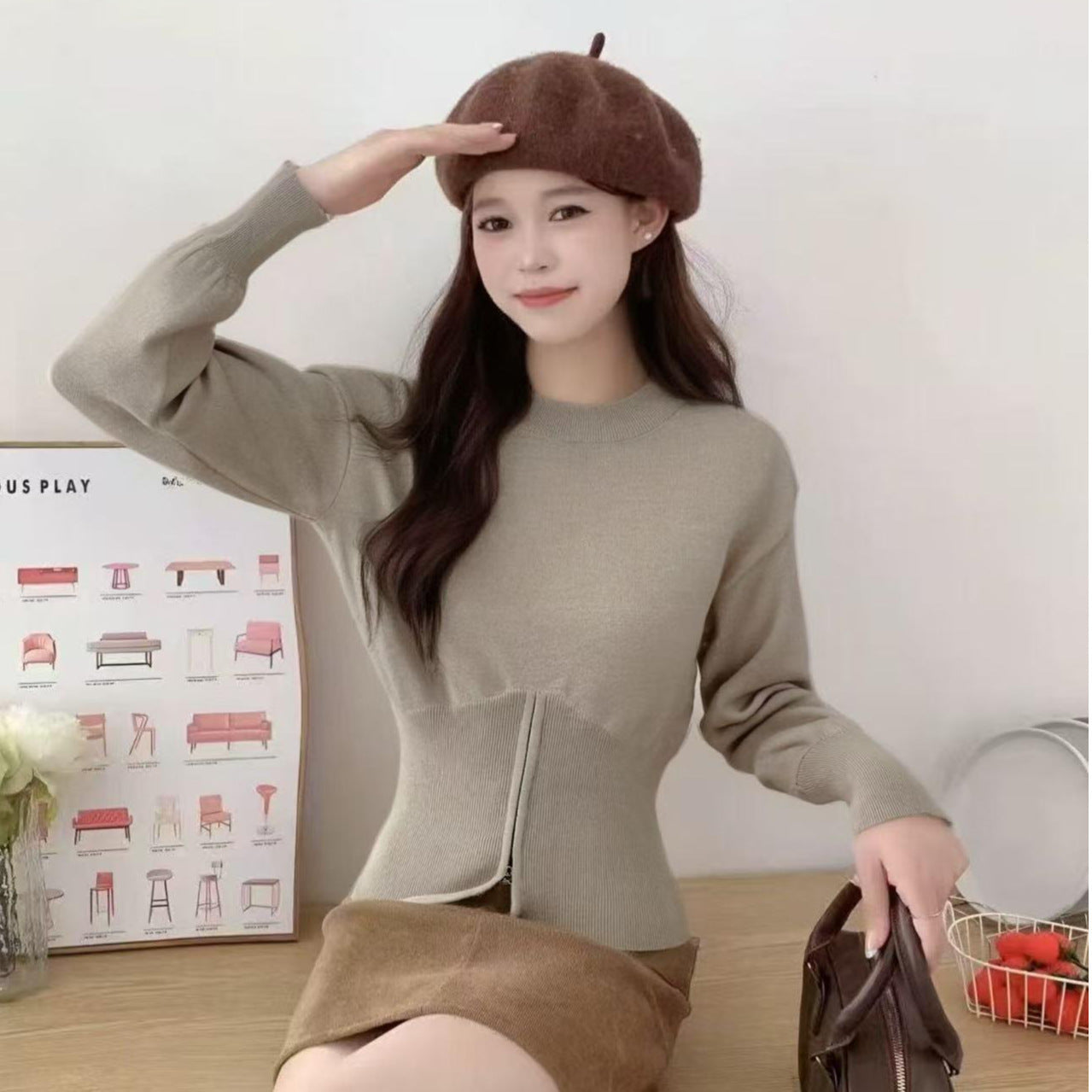 Korean autumn knit round neck zipper long sleeve women