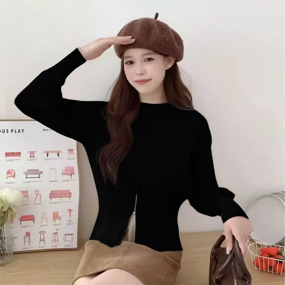 Korean Autumn Knit Round Neck Zipper Long Sleeve Women