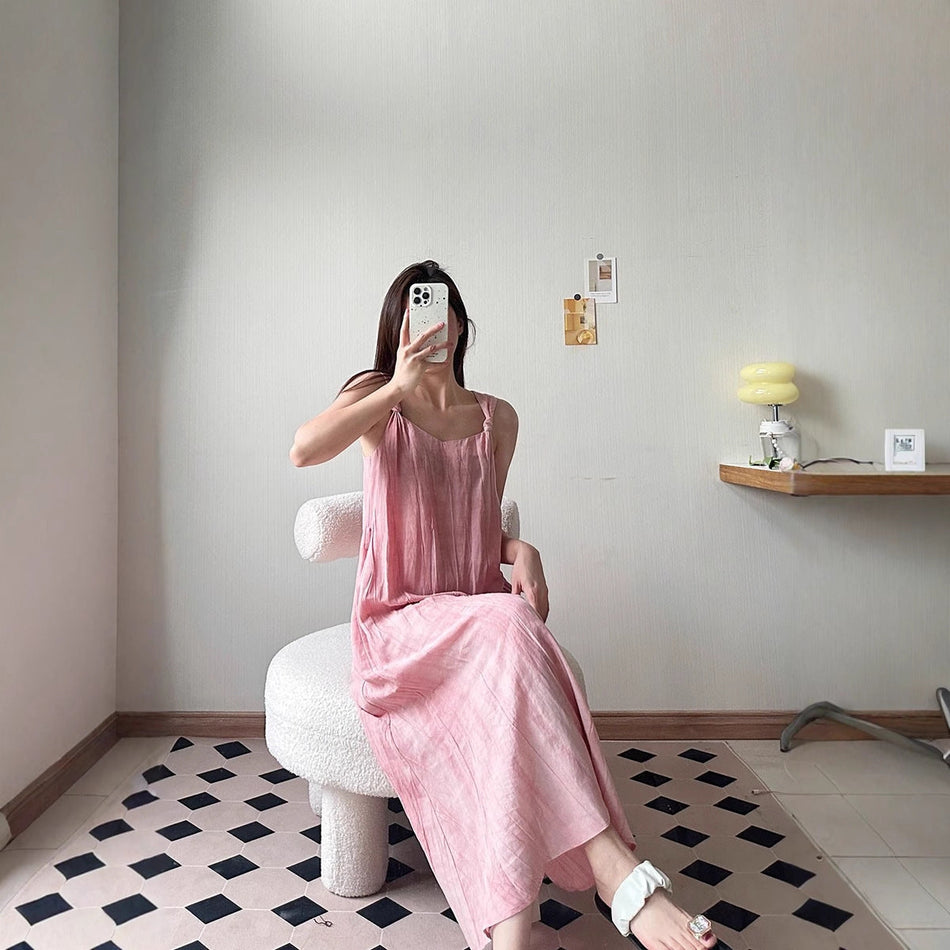 French Retro Pink Halter Off-Shoulder Summer Dress Women